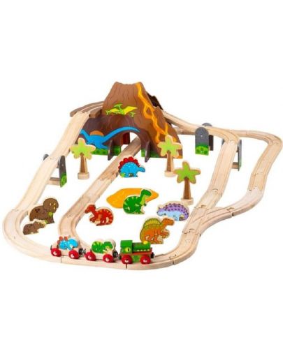 Детска дървена играчка Bigjigs - Динозавърски влаков комплект - 1