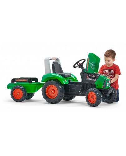 Детски трактор Falk -  Supercharger, с отварящ се капак, педали и ремарке, зелен - 3