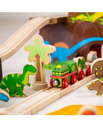 Детска дървена играчка Bigjigs - Динозавърски влаков комплект - 3