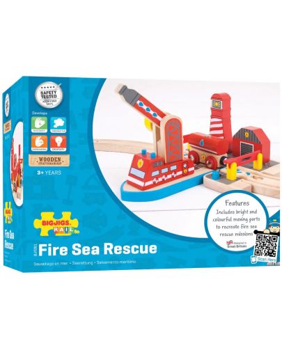 Детски дървен комплект Bigjigs - Морско влаково спасяване при пожар - 5