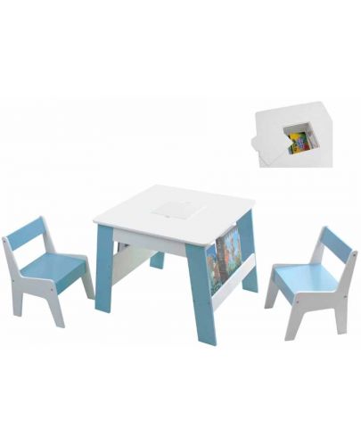 Детска дървена маса с 2 столчета и място за съхранение Ginger Home - Бяла със синьо - 2