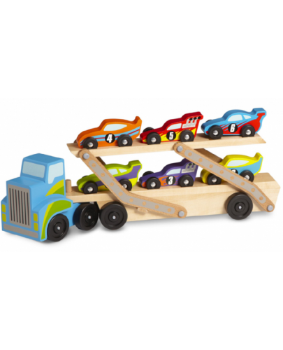 Детска дървена играчка Melissa & Doug - Автовоз с 6 колички - 1