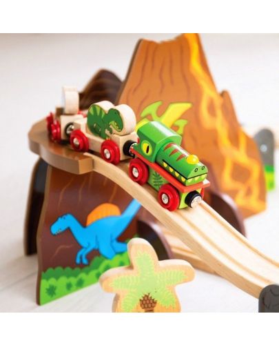 Детска дървена играчка Bigjigs - Динозавърски влаков комплект - 4
