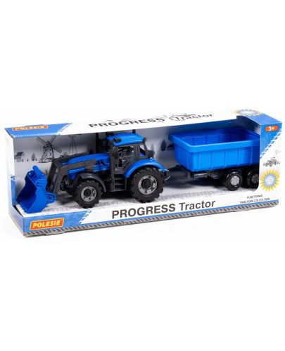 Детска играчка Polesie Progress - Инерционен трактор с ремарке и гребло - 1