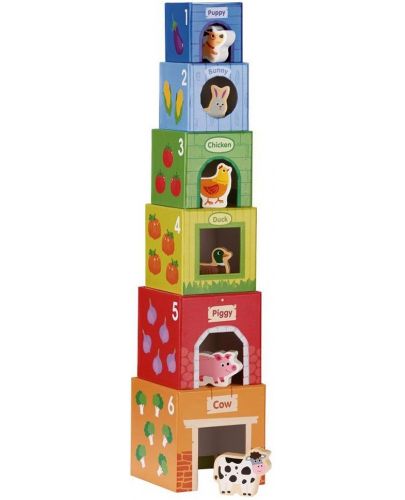 Детски комплект Lelin Toys - Картонени кубчета с дървени животни - 2