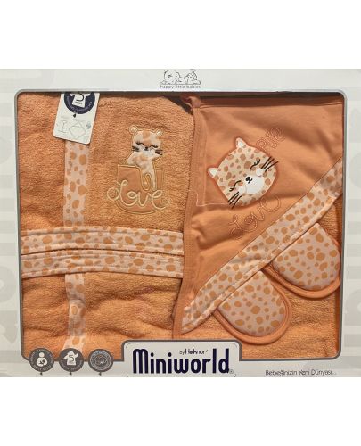 Детски комплект за баня Miniworld - Халат и хавлия, коте, оранжев - 2