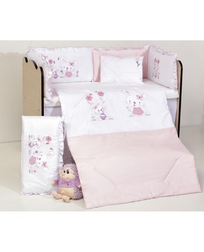 Спален комплект с бродерия Dizain Baby - Зайчета, розов, 8 части, 60 х 120 - 1