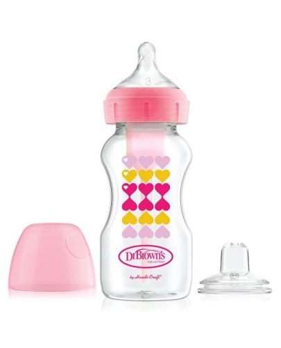 Dr.Brown's Преходно шише Wide-Neck Options+ Pink Hearts 270ml - 1