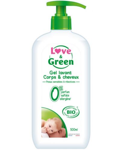 Душ гел за коса и тяло Love & Green - Без аромат, 500 ml - 1