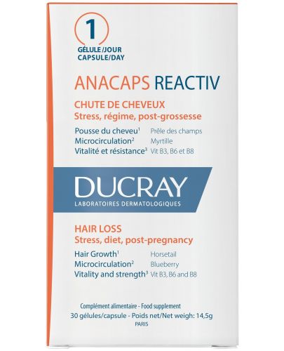 Ducray Anacaps Хранителна добавка за коса и нокти Reactiv, 30 капсули - 1