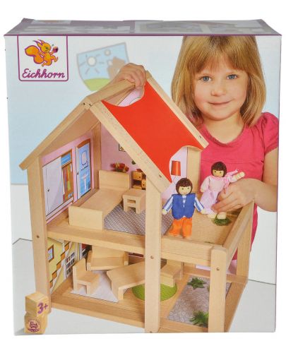 Дървена къща за кукли Eichhorn - С включени кукли - 2