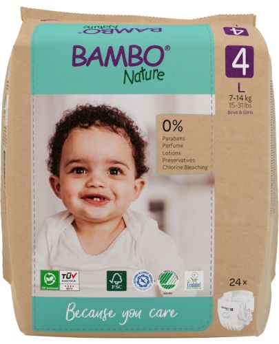 Еко пелени за еднократна употреба Bambo Nature - Размер 4, L, 7-14 kg, 24 броя, хартиена опаковка - 2