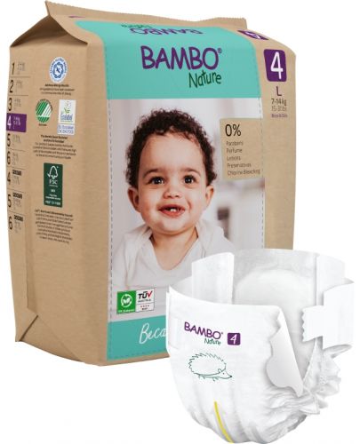 Еко пелени за еднократна употреба Bambo Nature - Размер 4, L, 7-14 kg, 24 броя, хартиена опаковка - 1