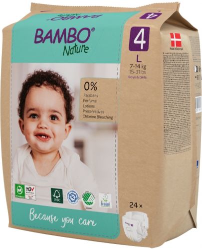 Еко пелени за еднократна употреба Bambo Nature - Размер 4, L, 7-14 kg, 24 броя, хартиена опаковка - 5