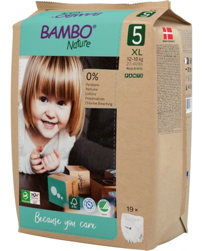 Еко пелени тип гащи Bambo Nature - Pants, размер 5, XL, 12-18 kg, 19 броя, хартиена опаковка - 3