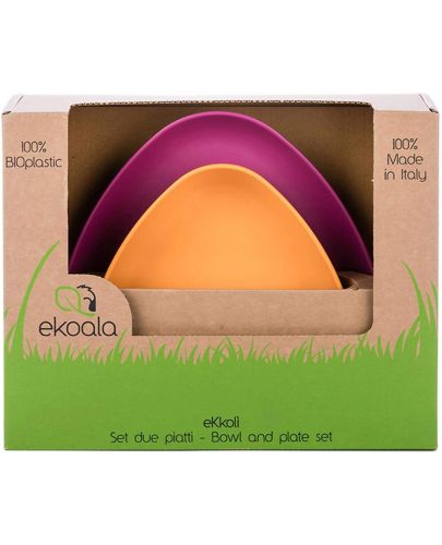 Еко комплект за хранене eKoala - 2 чинии, оранжево и лилаво - 1