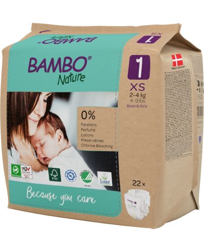 Еко пелени за еднократна употреба Bambo Nature - 22 броя, размер 1, XS, хартиена опаковка - 3