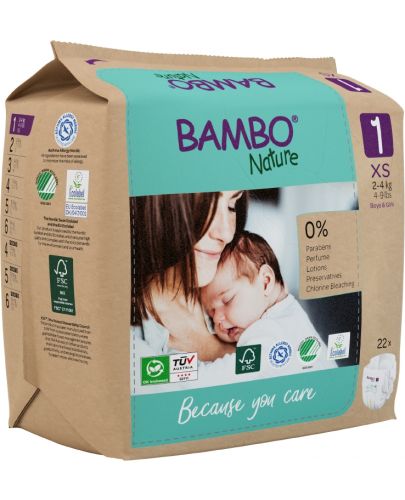 Еко пелени за еднократна употреба Bambo Nature - 22 броя, размер 1, XS, хартиена опаковка - 4