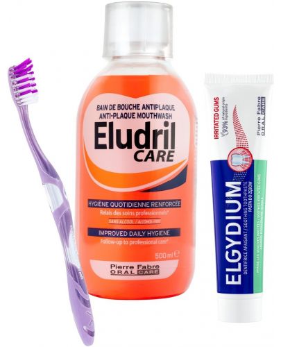Elgydium & Eludril Комплект - Успокояваща паста и Антиплакова вода, 75 + 500 ml + Четка за зъби, Soft - 1