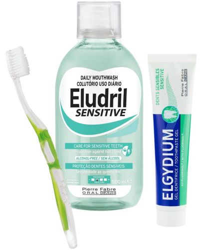 Elgydium Sensitive & Eludril Комплект - Паста за зъби и Вода за уста, 75 + 500 ml + Четка за зъби, Soft - 1