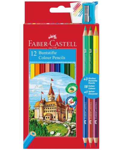 Комплект цветни моливи Faber-Castell - Замък, 12+6 цвята + острилка - 1