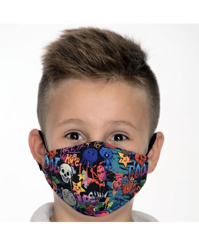 Детска предпазна маска - Графити, двуслойна, с метален стек, 6-12 години - 1