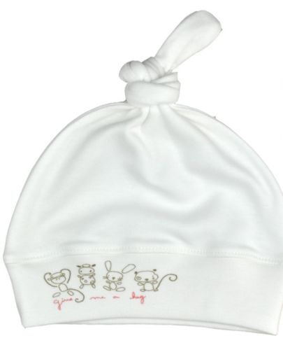 Бебешка шапка с възел  щFor Babies- Give me a hug, червен надпис - 1