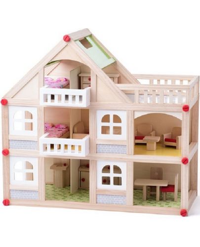 Игрален комплект Woody - Триетажна къща, с балкони, аксесоари и кукли - 1