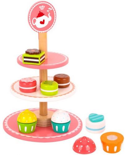 Игрален комплект Tooky Toy - дървени кексчета и десерти на поднос - 1
