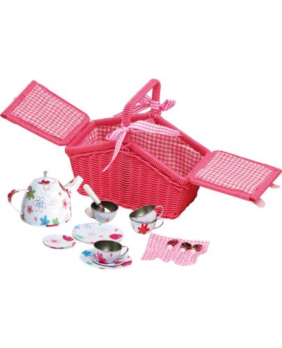 Игрален комплект Small Foot - Кошница за пикник с чаен сервиз, розова - 2