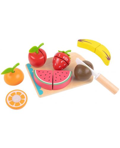 Игрален комплект Tooky Toy - Плодове за рязане с дъска и нож - 3