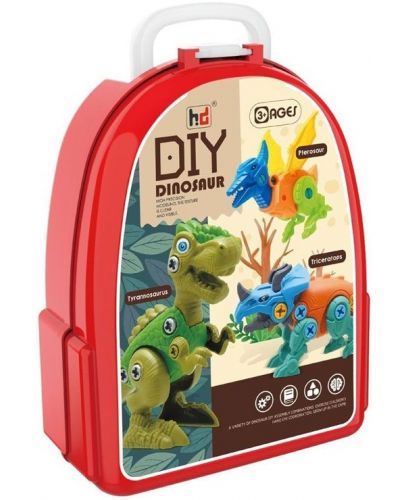 Игрален комплект в куфарче Raya Toys - 3 динозавъра за сглобяване с отвертка - 1
