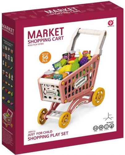 Игрален комплект Market - Количка за пазаруване с продукти, 56 части, розова - 2