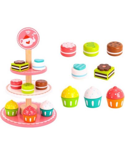 Игрален комплект Tooky Toy - дървени кексчета и десерти на поднос - 2