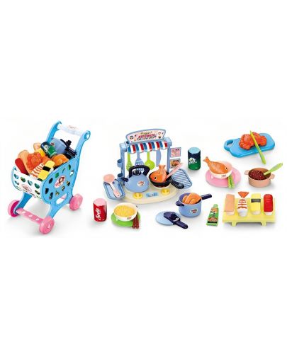 Игрален комплект Raya Toys - Пазарска количка с кухня, 64 части, синя - 2