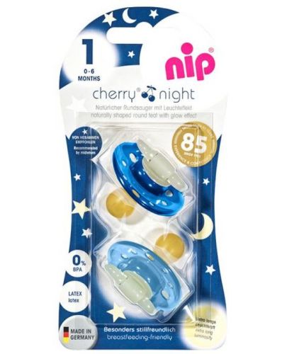 Каучукови залъгалки NIP - Cherry Night, 0-6 м, сини, 2 броя - 4