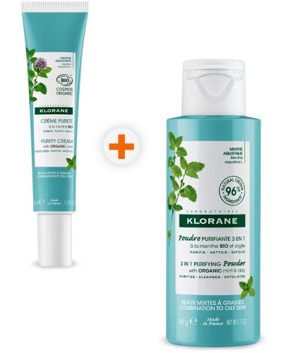 Klorane Mint Комплект - Почистващ крем и Почистваща пудра 3 в 1, 40 ml + 50 g (Лимитирано) - 1