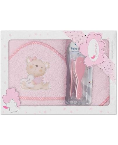 Комплект бебешка хавлия с гребен и четка Interbaby - Love you Pink, 100 x 100 cm - 1