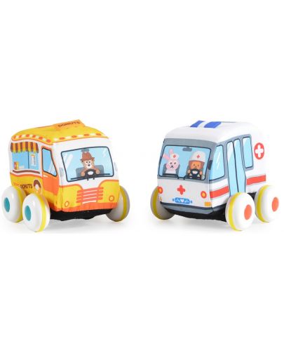 Комплект меки играчки Huanger - Инерционни коли, линейка и павилион  - 5