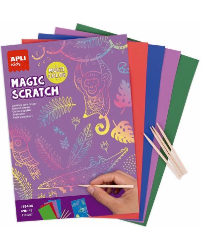 Комплект скреч карти Apli Kids - 8 цветни карти и 4 дървени стика - 1