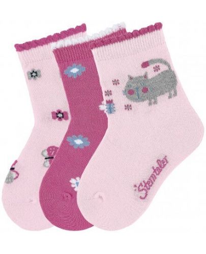Комплект детски чорапи Sterntaler - С коте, 19/22 размер, 12-24 месеца, 3 чифта, розови - 1