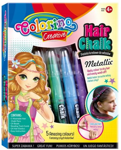Комплект пастели за коса Colorino Creative - За момичета, 5 цвята металик - 1