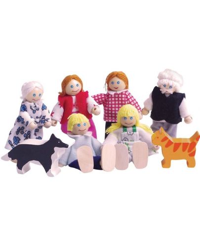 Комплект дървени кукли Bigjigs - Семейство с домашни любимци - 1