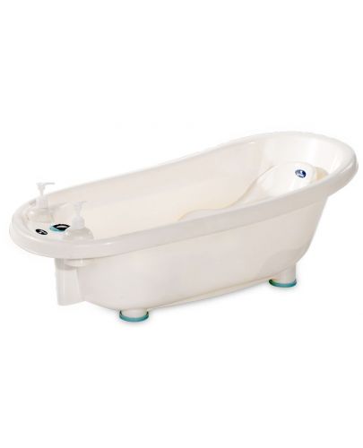Комплект за къпане Lorelli - Вана с оттичане, подложка, термометър и стойка, 88 cm, бяла/синя - 2