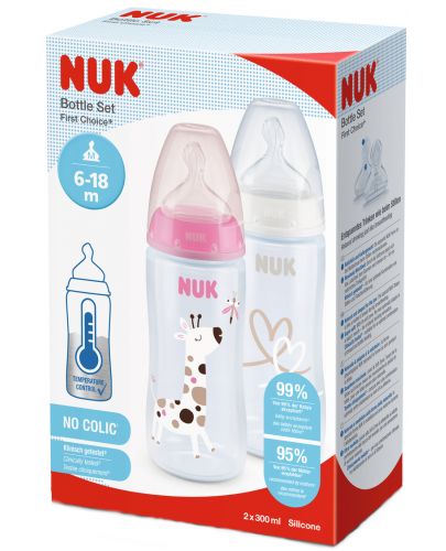 Комплект шишета Nuk First Choice - TC, 2 х 300 ml, за момиче - 1