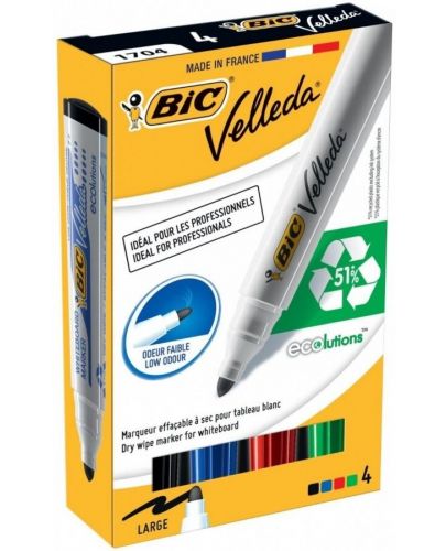 Комплект маркери за бяла дъска BIC - Velleda, объл връх, 5 mm, 4 цвята - 1
