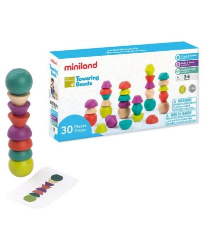 Комплект дървени форми за подреждане Miniland - Towering Beads - 2