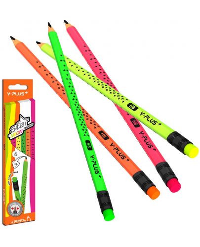 Комплект моливи Y-Plus - НВ, Star Neon, 6 броя - 1