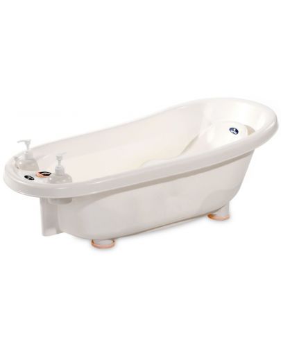 Комплект за къпане Lorelli - Вана с оттичане, подложка, термометър и стойка, 88 cm, бяла/розова - 2