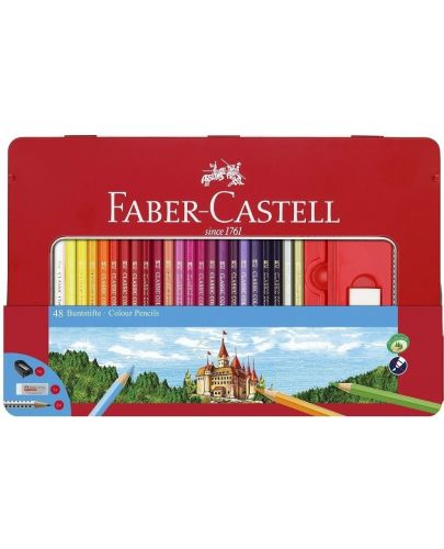 Комплект цветни моливи Faber-Castell Castel - 48 цвята, метална кутия - 1